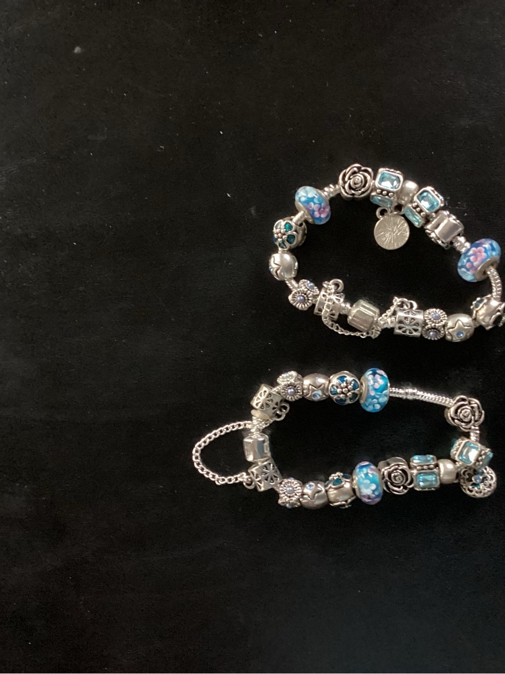 TWO Sterling Silver Blue Floral Charm Bracelets - Unbranded